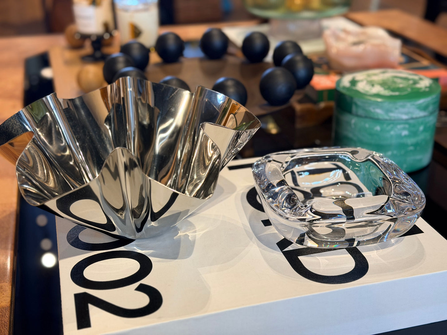 Vintage Crystal Mod ashtray by The Vault Creative, featuring a clear, geometric design with cut crystal details.