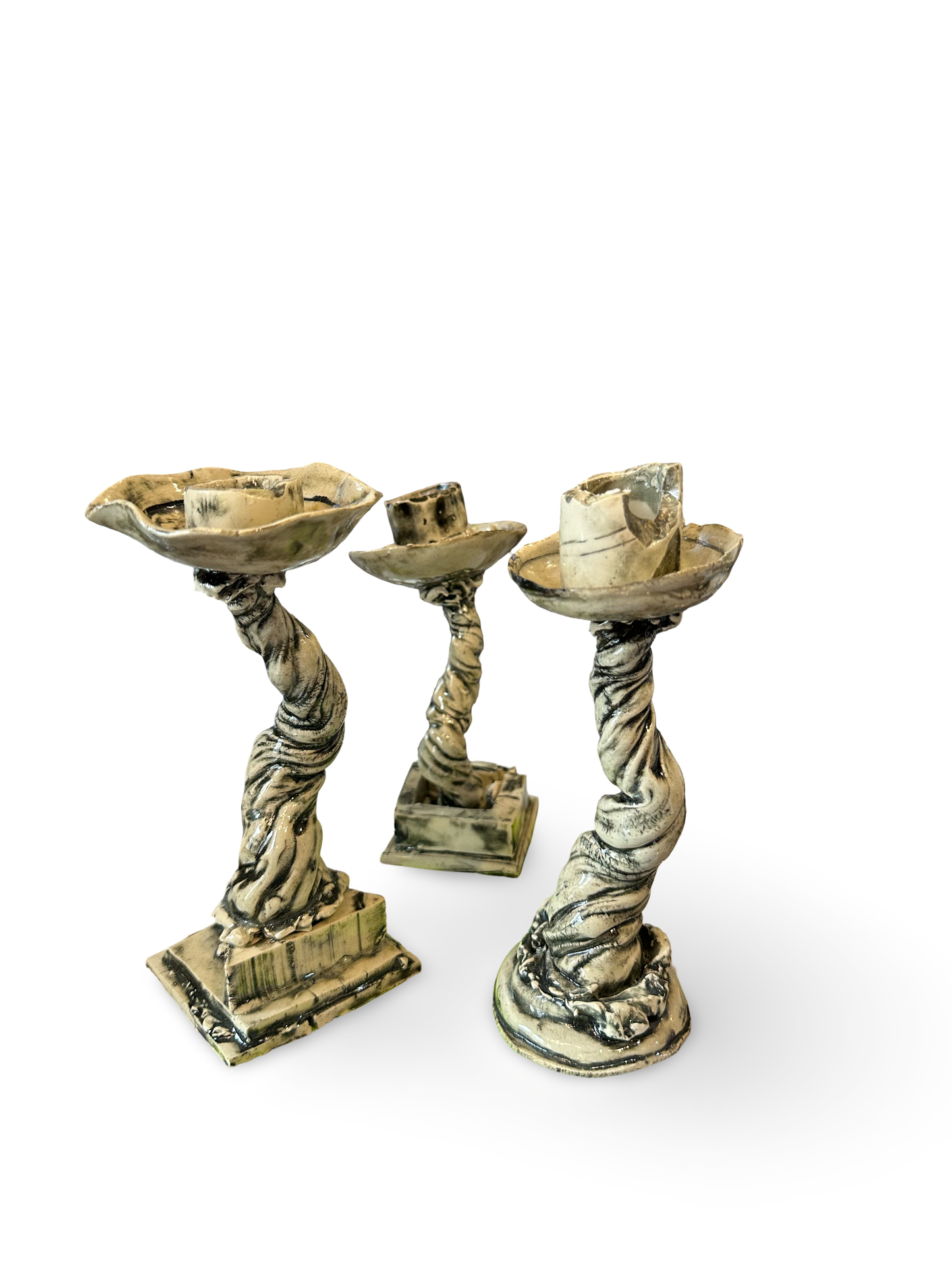 Ozmun Home Derek Larson candelabra with multiple candle holders and ornate metal design on a polished surface.