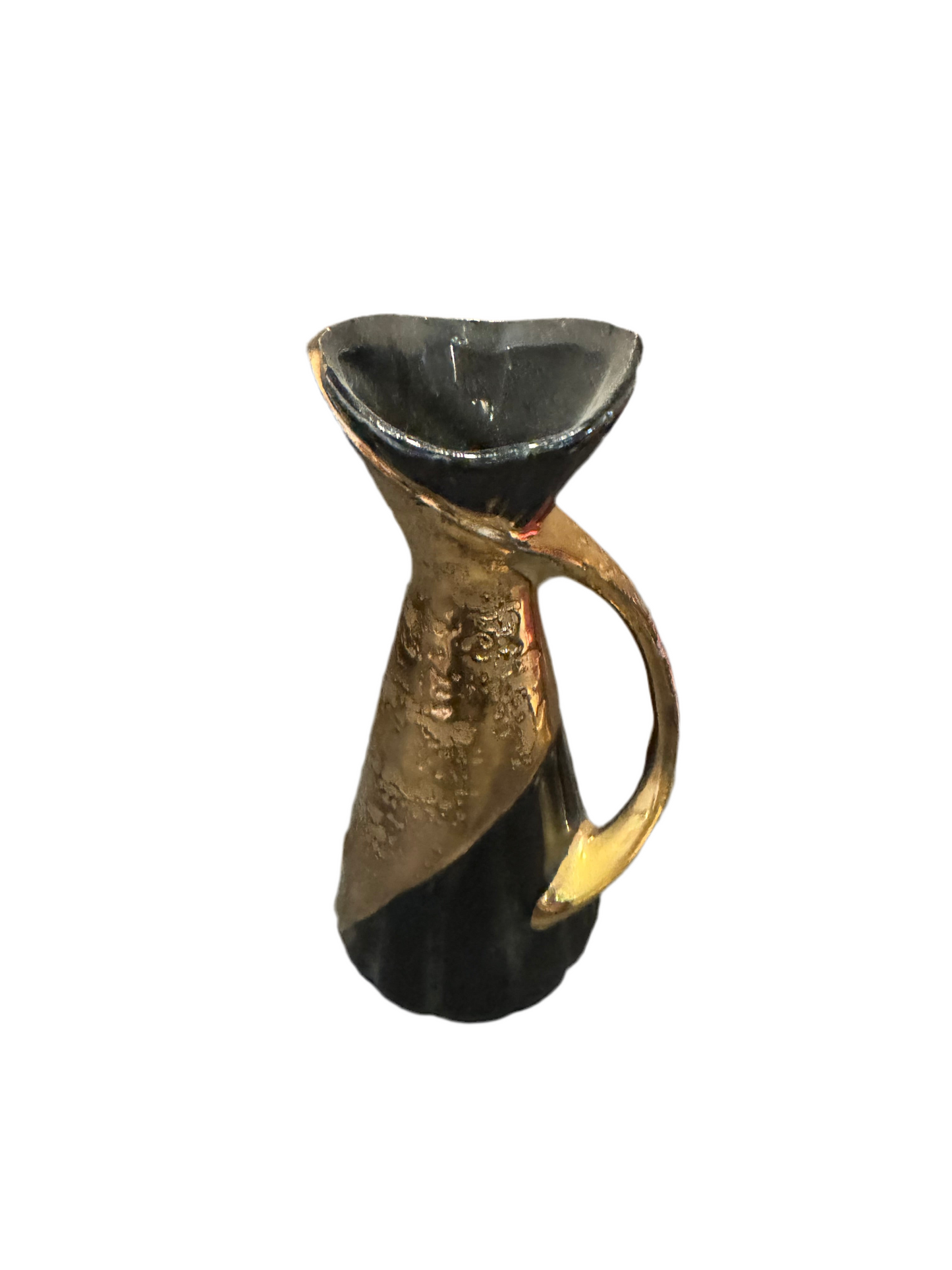 Black and gold handle vase by Stone Textile featuring a sleek design and decorative gold accents on a black ceramic body.