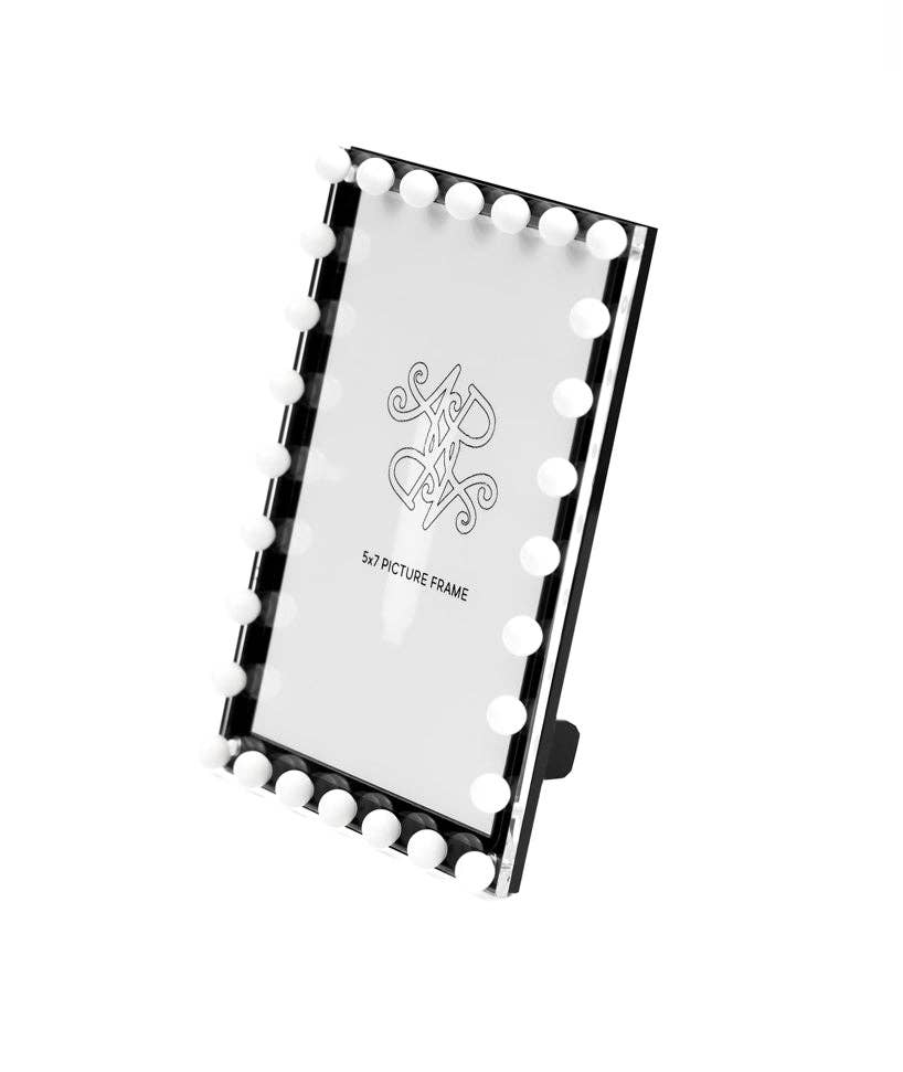 Black and white beaded photo frame by Allison Pearl Design, featuring intricate beaded detailing around the frame.