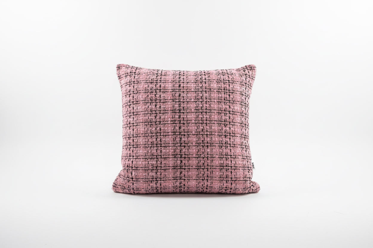 Pink and black sparkle tweed throw pillow by The Vault Creative with a textured, stylish design for decorative home accents.