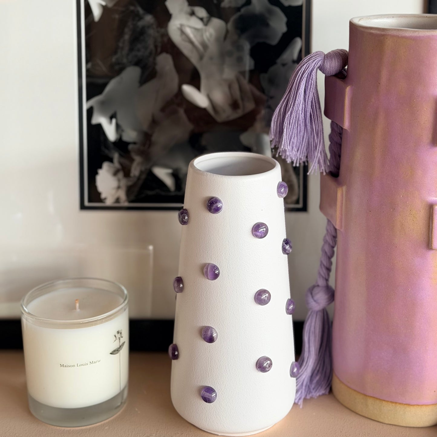 Amethyst stone 8-inch vase by The Vault Creative, featuring a polished purple amethyst design with a smooth, rounded shape.