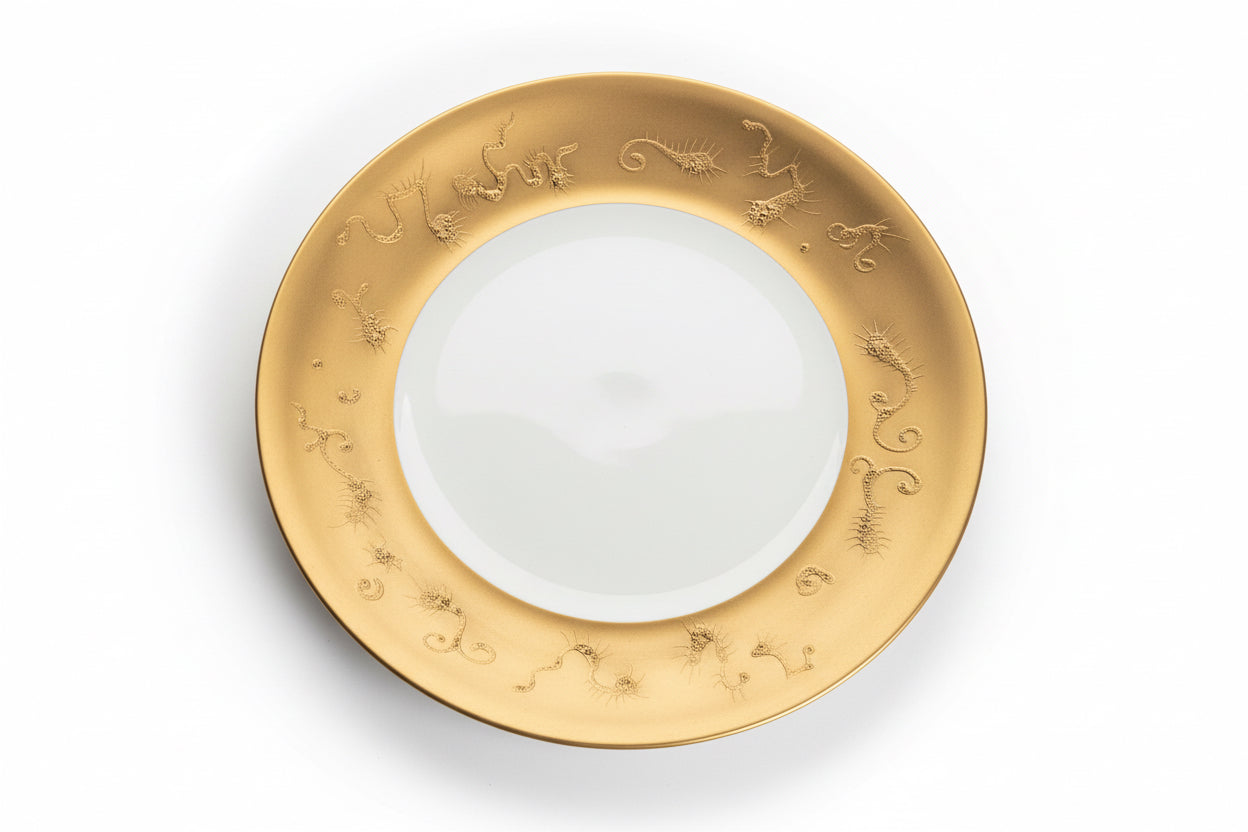 Sascha Brastoff Gold Ming Plates displayed on a shelf, showcasing their intricate ceramic design and shiny gold finish.