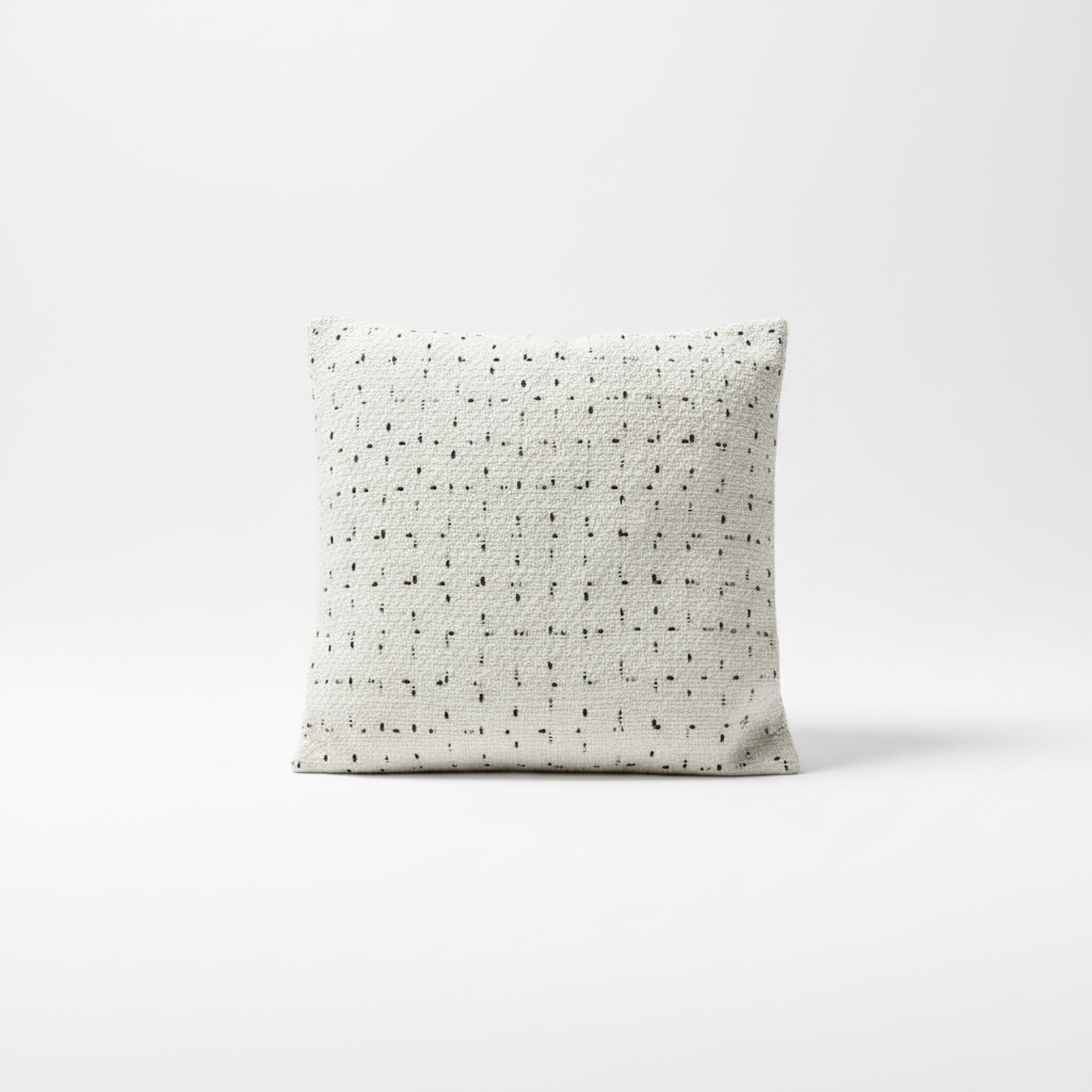 White tweed pillow by The Vault Creative with textured fabric and plush filling, showcasing a stylish, cozy home decor accent.