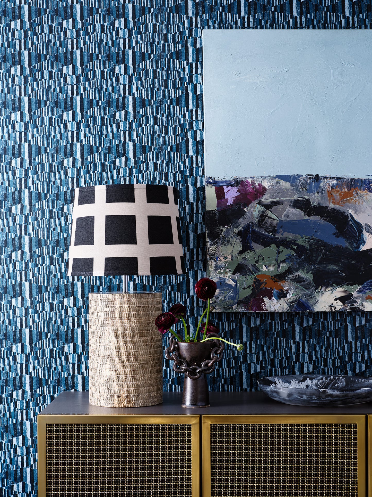 Custom painted shade by The Vault Creative with intricate design and vibrant colors, showcasing artistic craftsmanship.