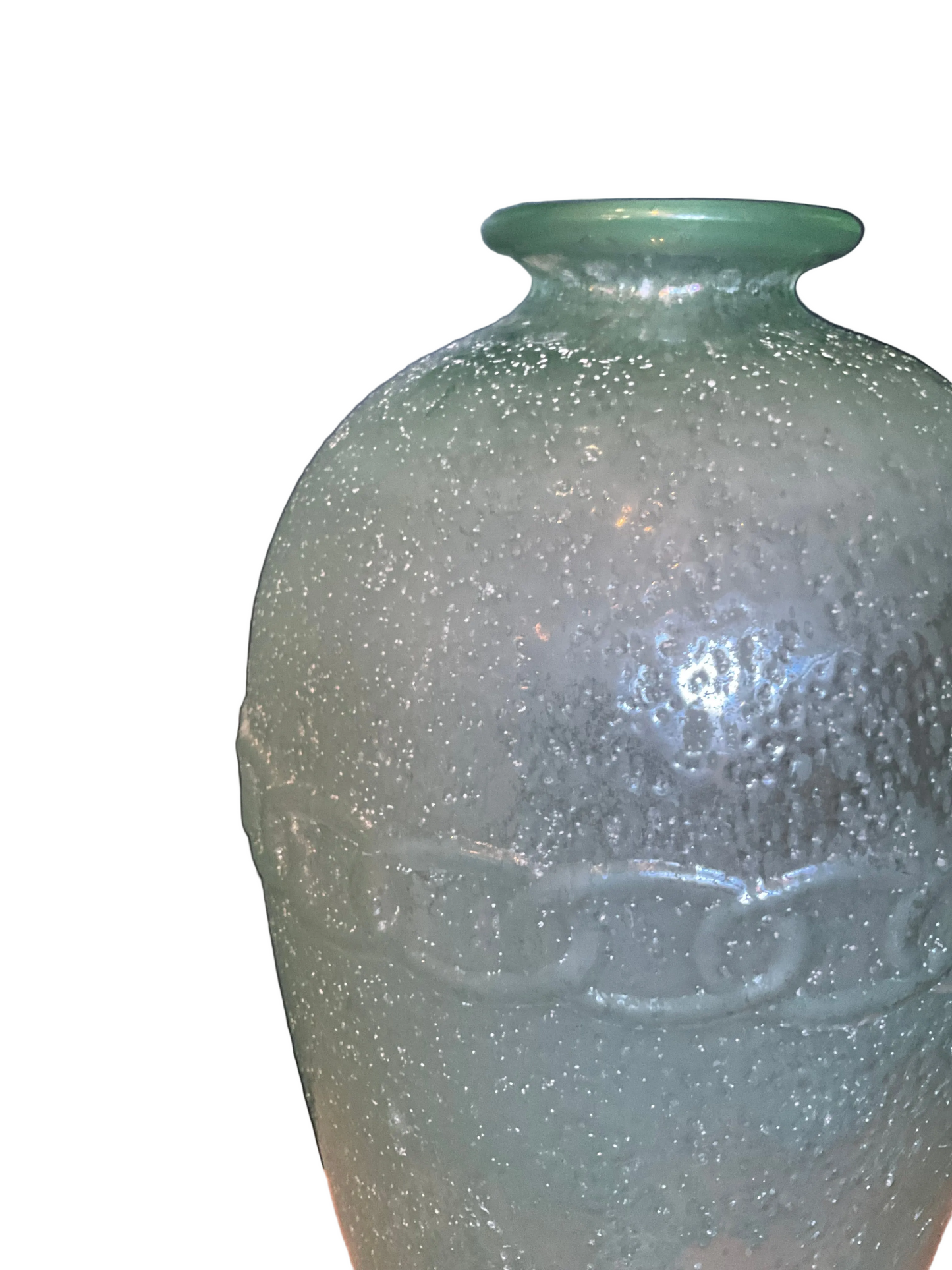Colorful 70’s Silvestri blown glass vase with swirling patterns, crafted by The Vault Creative, showcasing vintage glass art.