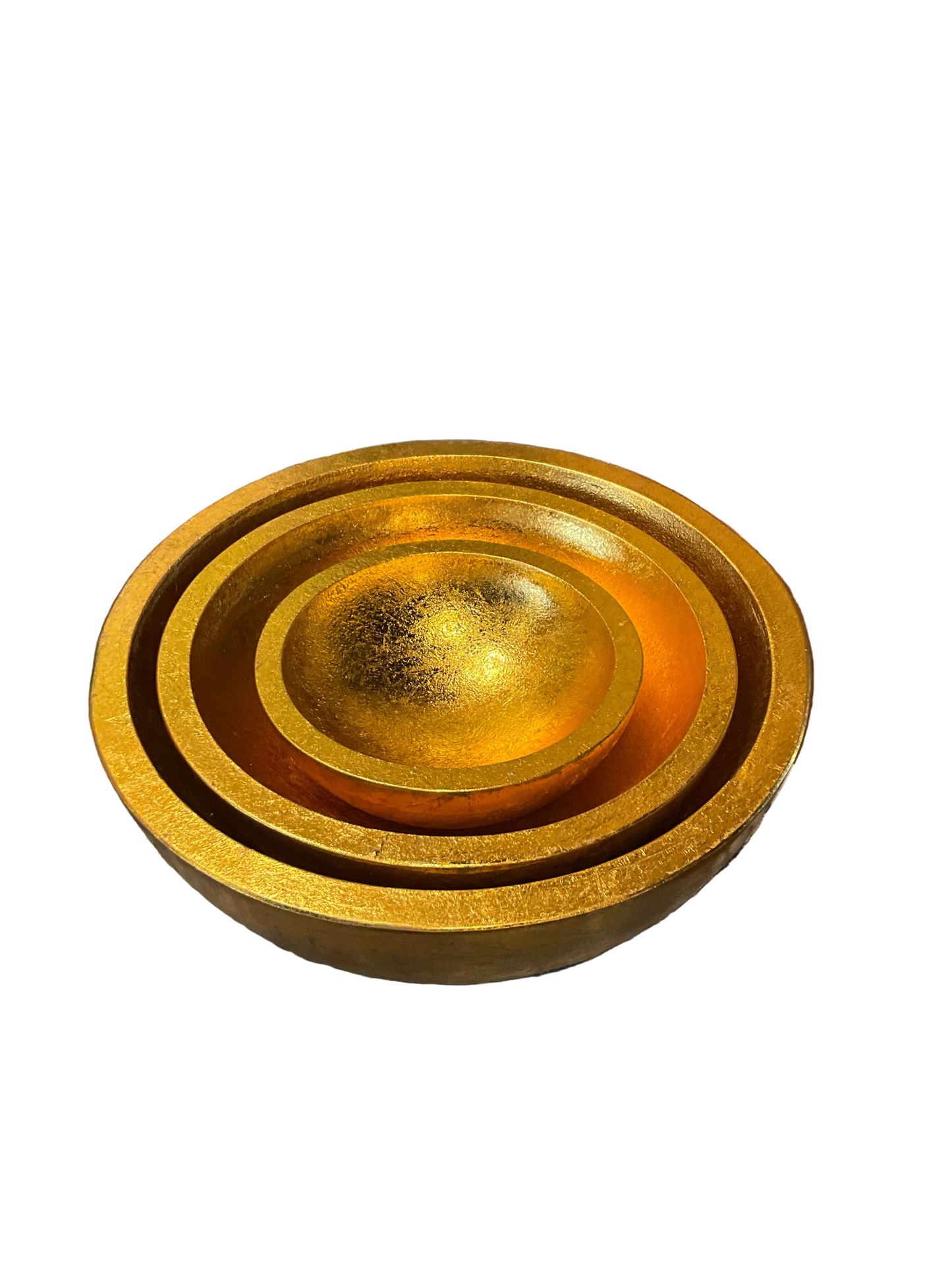 Medium gold nesting decorative bowl by The Vault Creative, showcasing its elegant round shape and shiny gold finish.