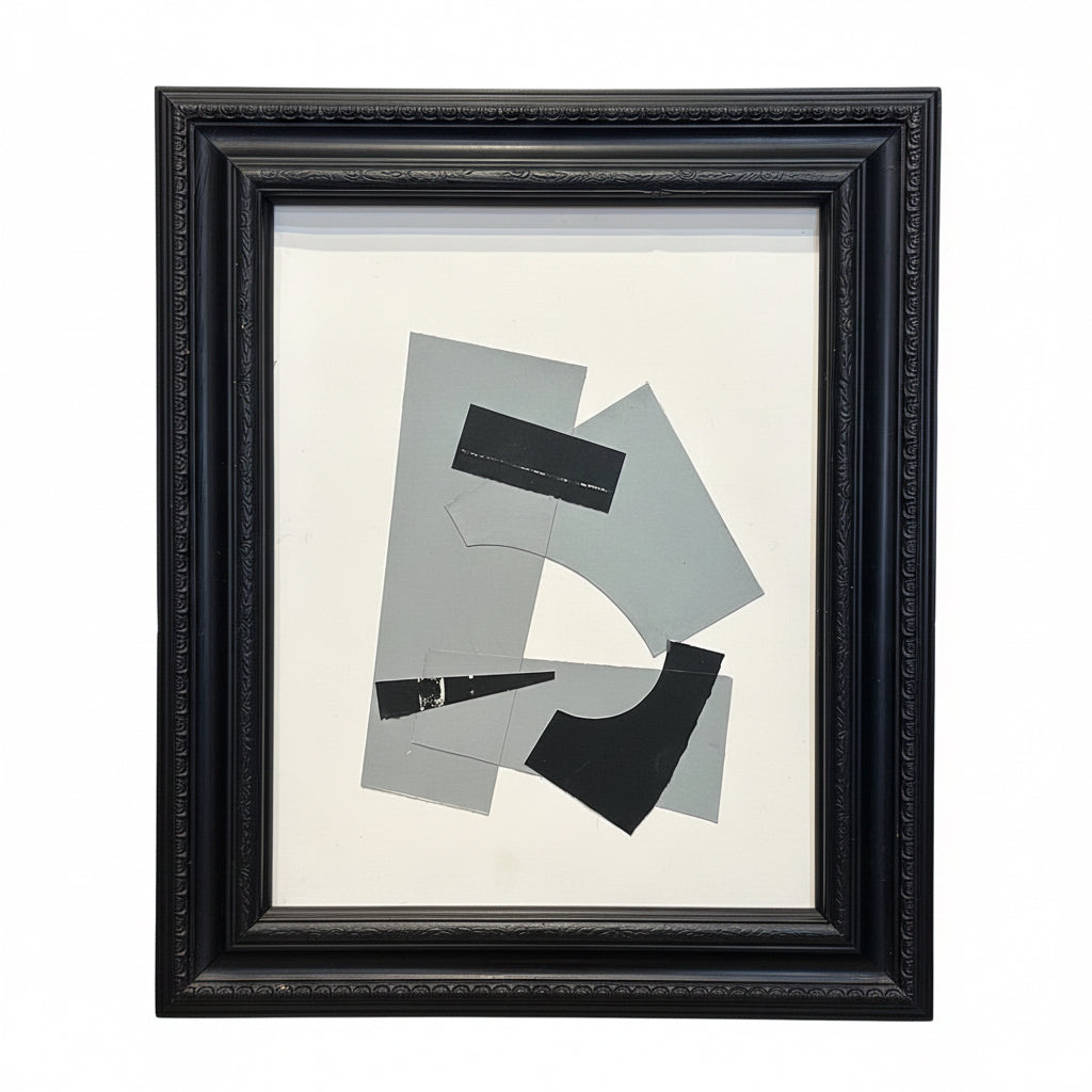 Black and white collage artwork in a framed design by Stone Textile Studio, featuring abstract and geometric patterns.