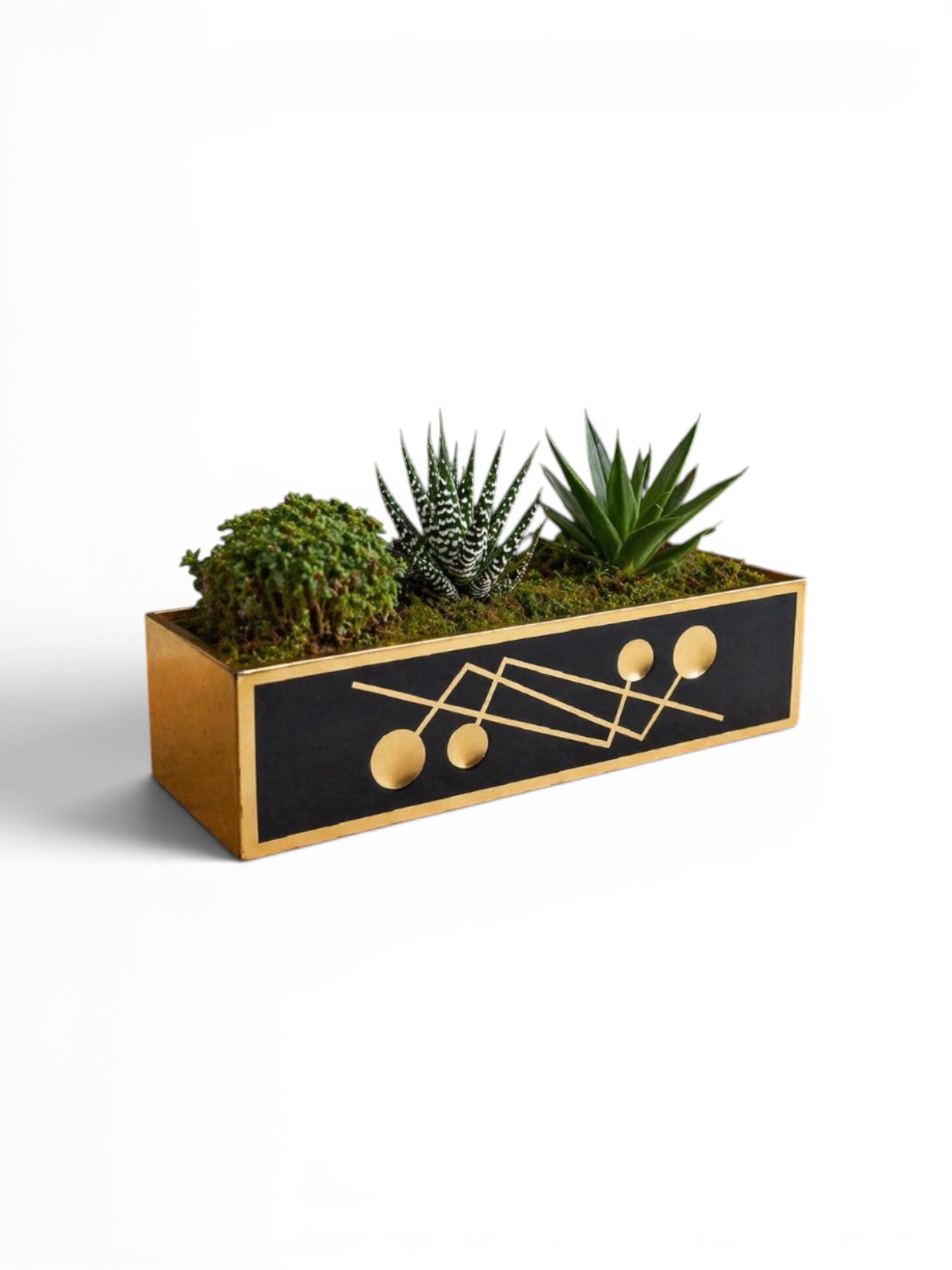 French Brass Planter by The Vault Creative, close-up of the ornate brass container with decorative details and a vintage finish.