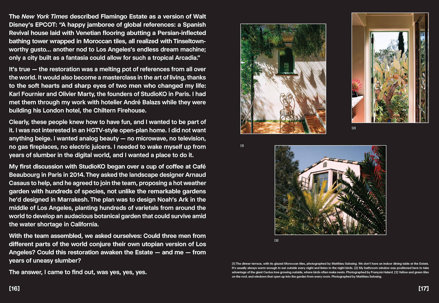 Open book titled "Flamingo Estate: The Guide to Becoming Alive" by Chronicle Books, featuring colorful illustrations on the cover.