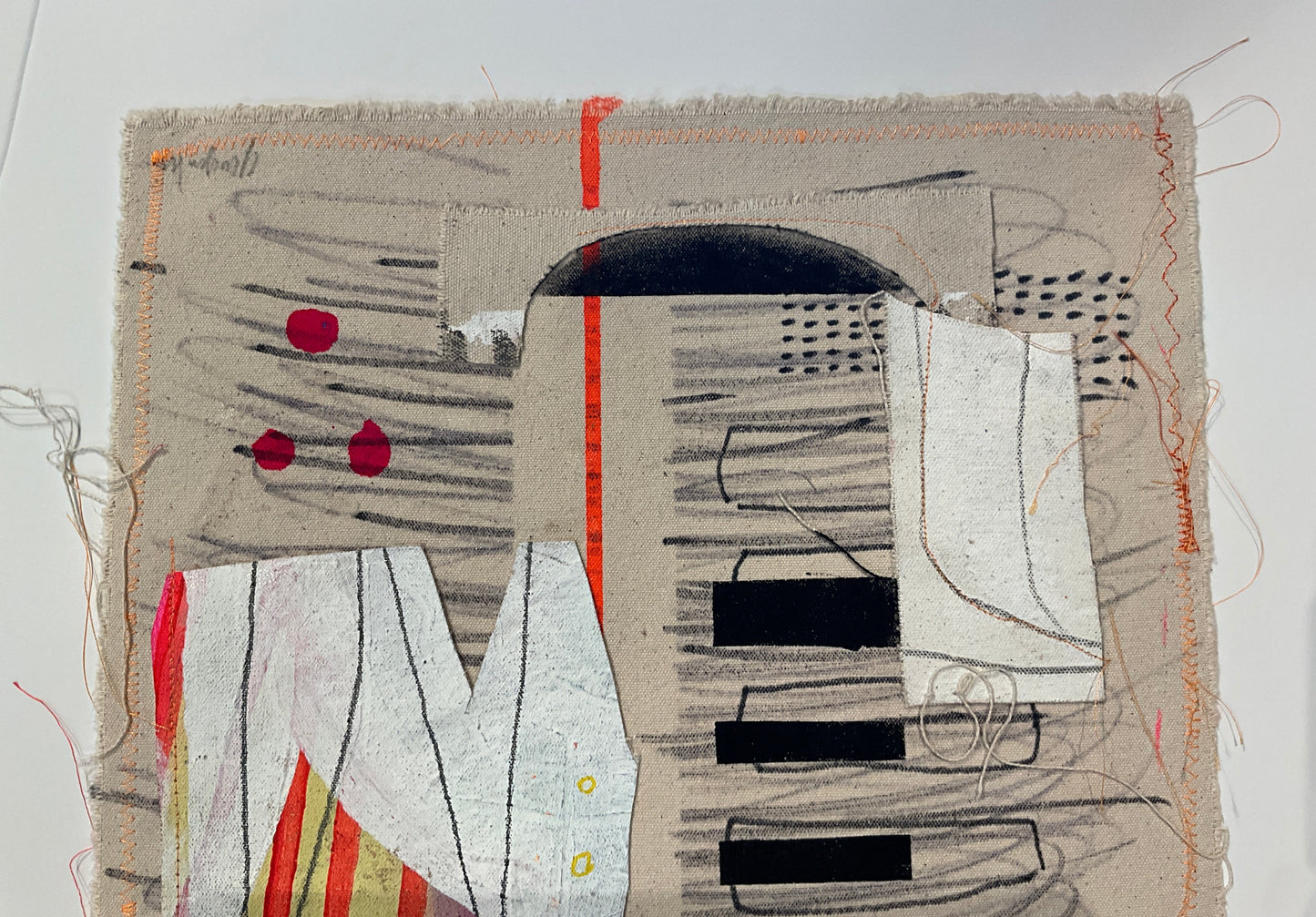 Abstract signed mixed media artwork by Elizabeth featuring vibrant colors and textured elements in a modern composition.