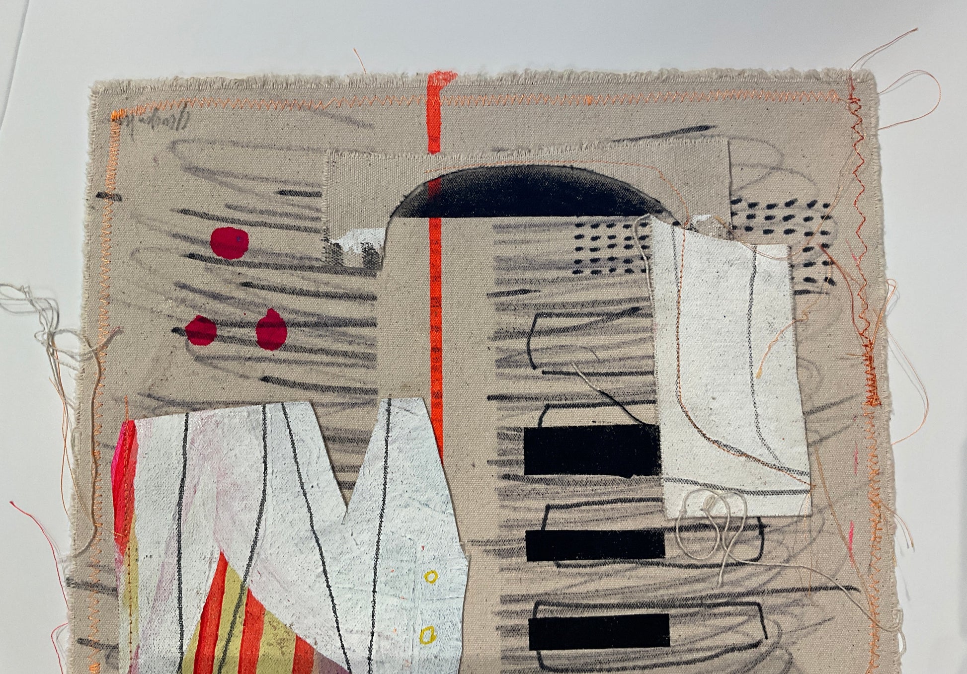 Abstract signed mixed media artwork by Elizabeth featuring vibrant colors and textured elements in a modern composition.