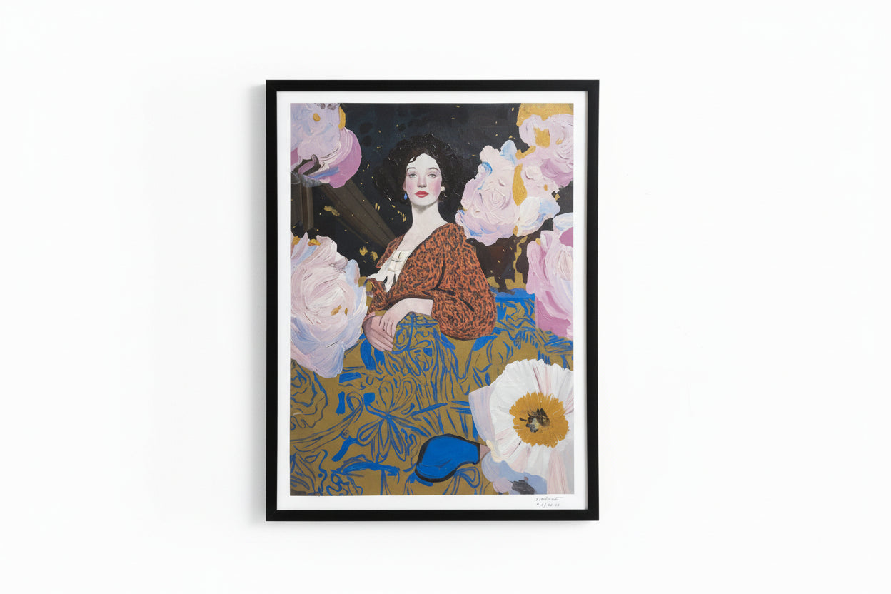 Signed Rebecca Aldernet Midnight Petals art print by The Vault Creative, featuring vibrant floral artwork on high-quality paper.