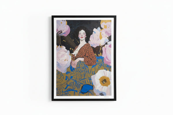 Signed Rebecca Aldernet Midnight Petals art print by The Vault Creative, featuring vibrant floral artwork on high-quality paper.