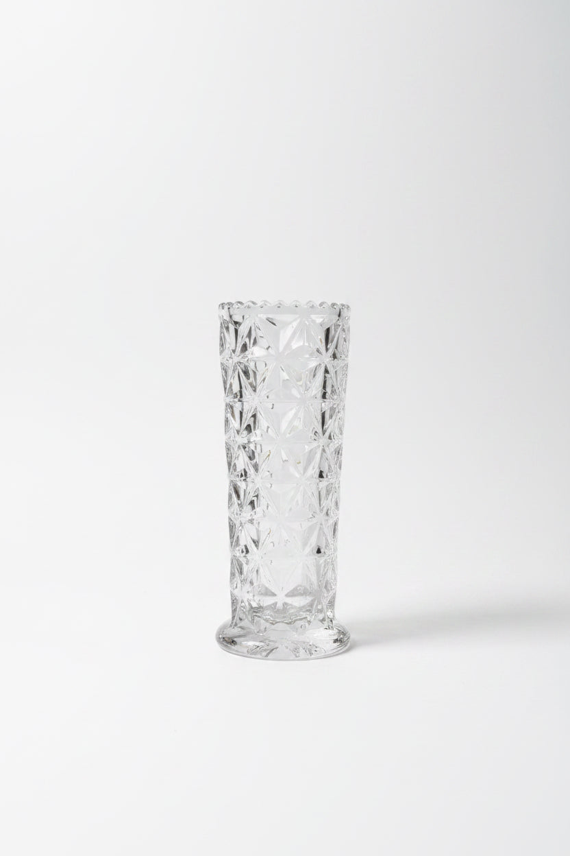 Mid Century Glass Scalloped Vase by The Vault Creative, featuring a vintage-inspired design with a scalloped edge and clear glass finish.