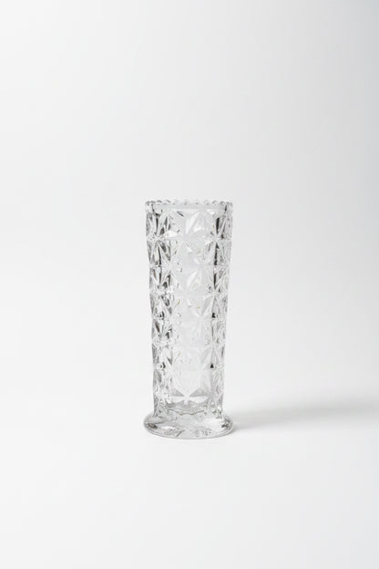 Mid Century Glass Scalloped Vase by The Vault Creative, featuring a vintage-inspired design with a scalloped edge and clear glass finish.