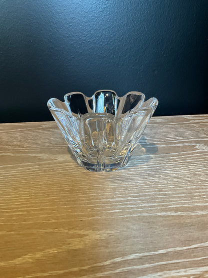 Orrefors crystal bowl with intricate cut designs, showcasing clear, elegant glass craftsmanship by The Vault Creative.