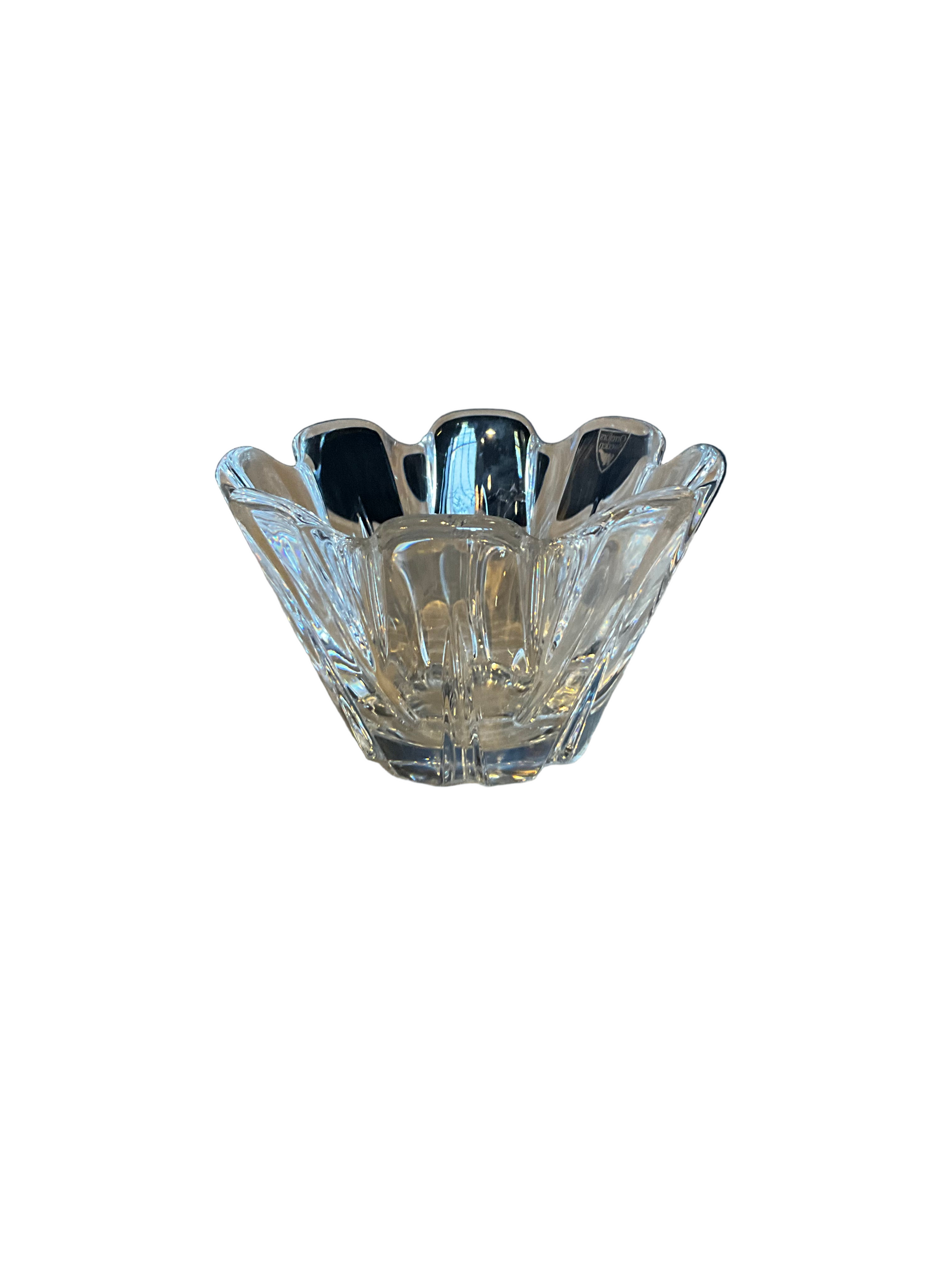 Orrefors crystal bowl with intricate cut patterns, showcasing clear, sparkling glass craftsmanship.