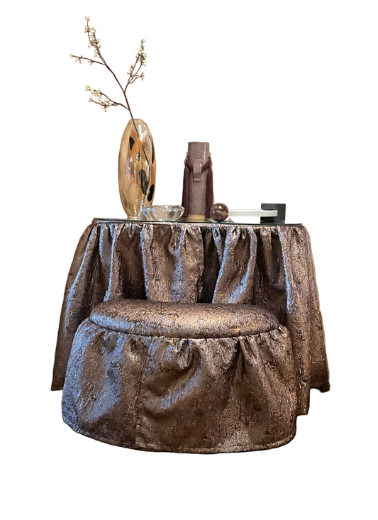 Vintage skirted vanity by Ozmun Home featuring a classic wooden design with a mirror and storage drawers.