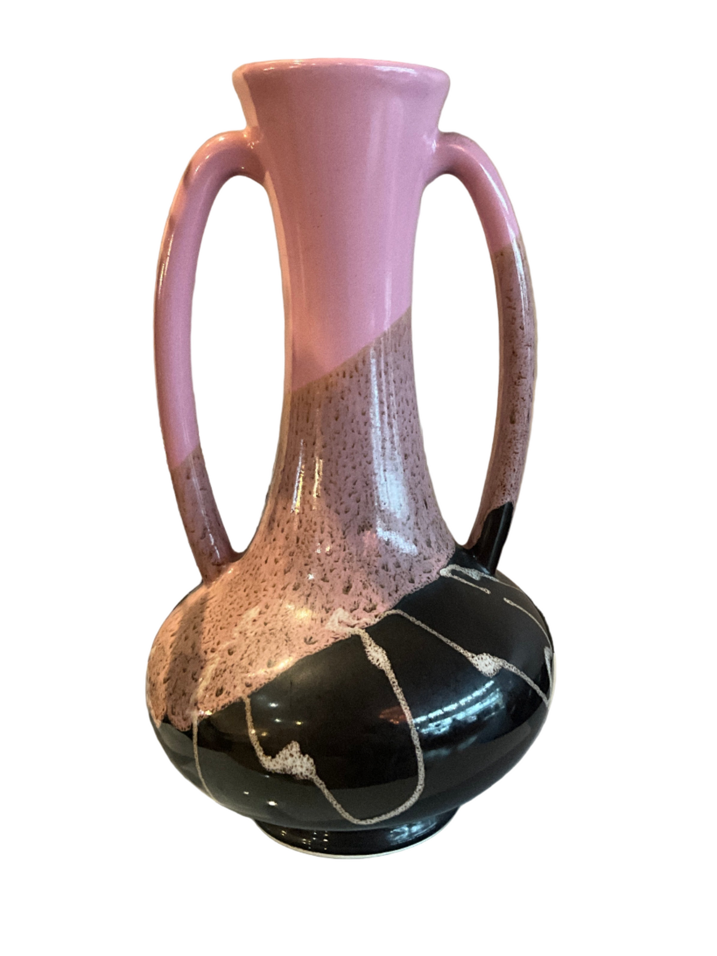 Pink and black MCM vase by The Vault Creative with a sleek, modern design featuring geometric patterns and a glossy finish.