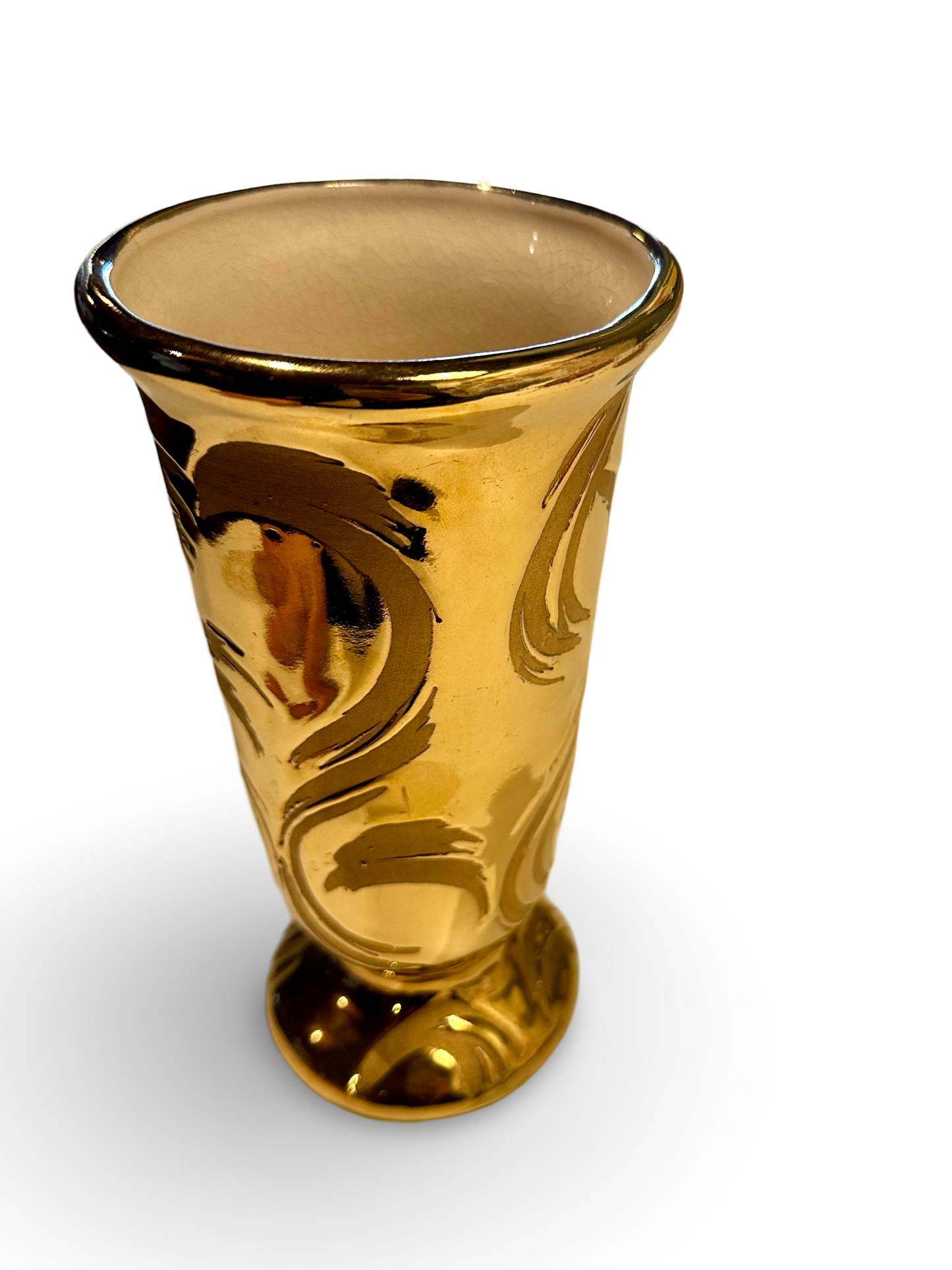 Ozmun Home Weeping Gold Vase showing intricate gold finish and elegant curved design on a plain background.