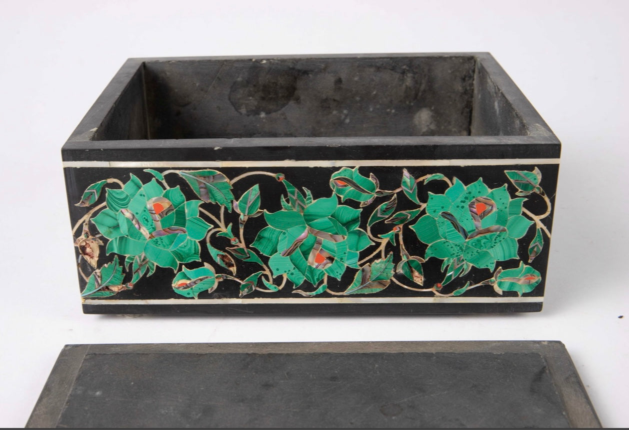 Decorative vintage Taj Mahal stone box by Ozmun Home with intricate carvings, ideal for display or storage.