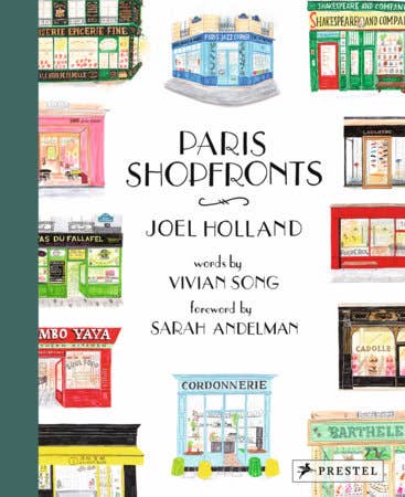 Vintage Paris shopfronts illustration showing colorful storefronts and Parisian architecture in a detailed artwork.