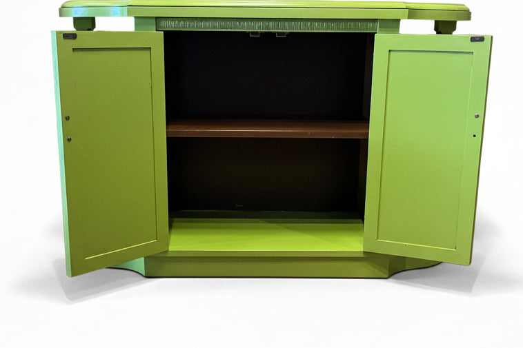 Acid Green 70’s cabinets casepiece by The Vault Creative with retro style, featuring sleek doors and vibrant color.