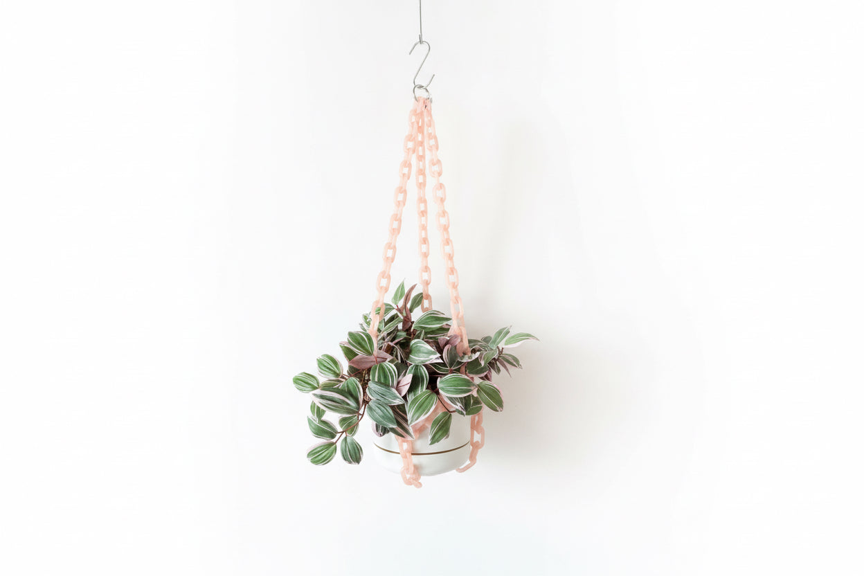 Pink chain hanging planter from The Vault Creative with a round ceramic pot and decorative chain for wall or ceiling display.