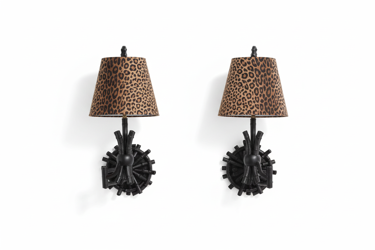 Vintage animal print wall sconces by The Vault Creative, featuring ornate metal designs with animal motifs for classic decor.