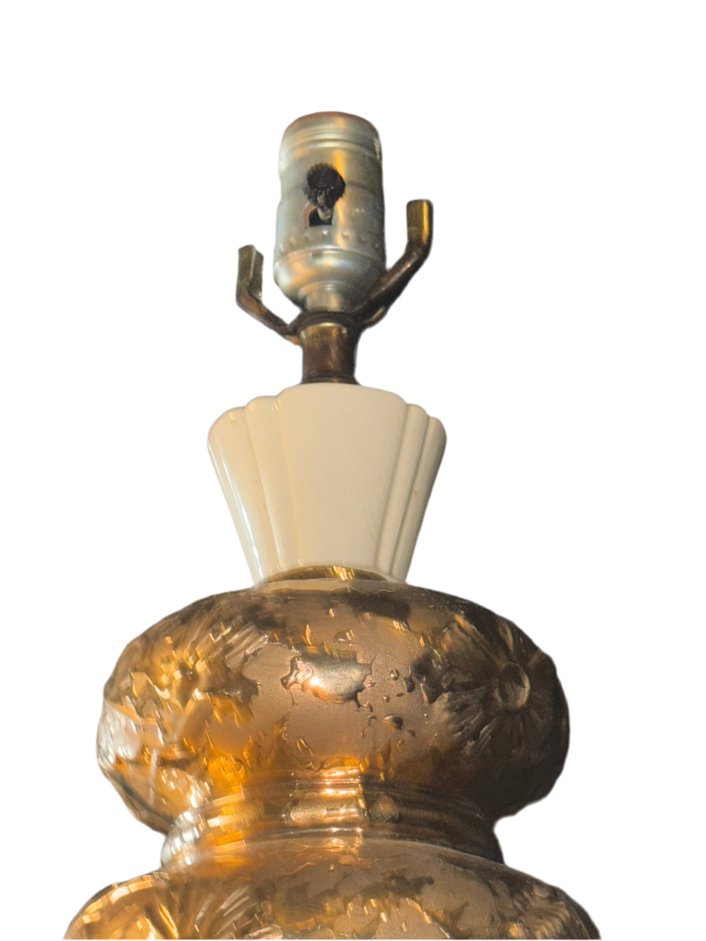 Pair of gold gilt lamps by Ozmun Home with ornate bases and elegant shades, perfect for classic interior decor.