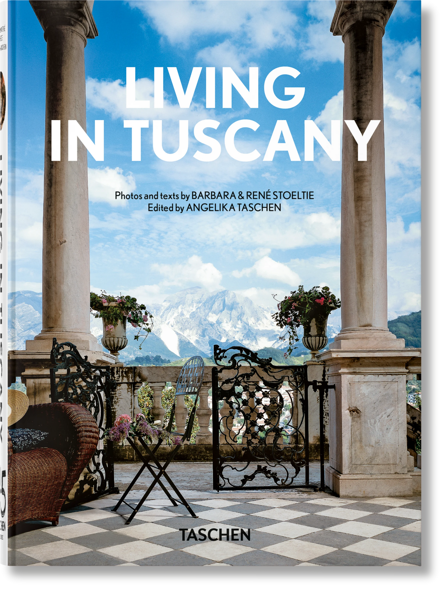 Living in Tuscany 40th edition book by TASCHEN featuring scenic Tuscan landscapes and architecture in a visually appealing layout.