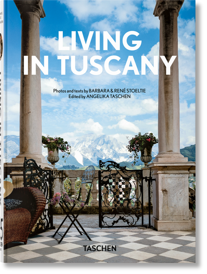 Living in Tuscany 40th edition book by TASCHEN featuring scenic Tuscan landscapes and architecture in a visually appealing layout.