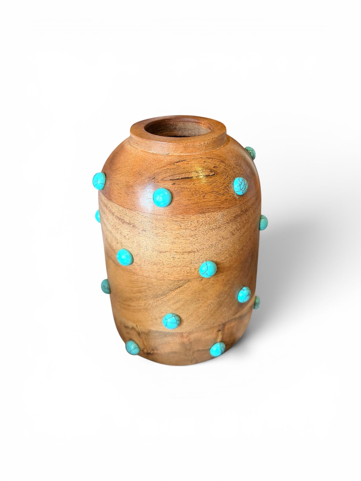 Turquoise SW vase by P. Grunsfeld from The Vault Creative, showing a ceramic vase with a smooth, glossy turquoise finish.