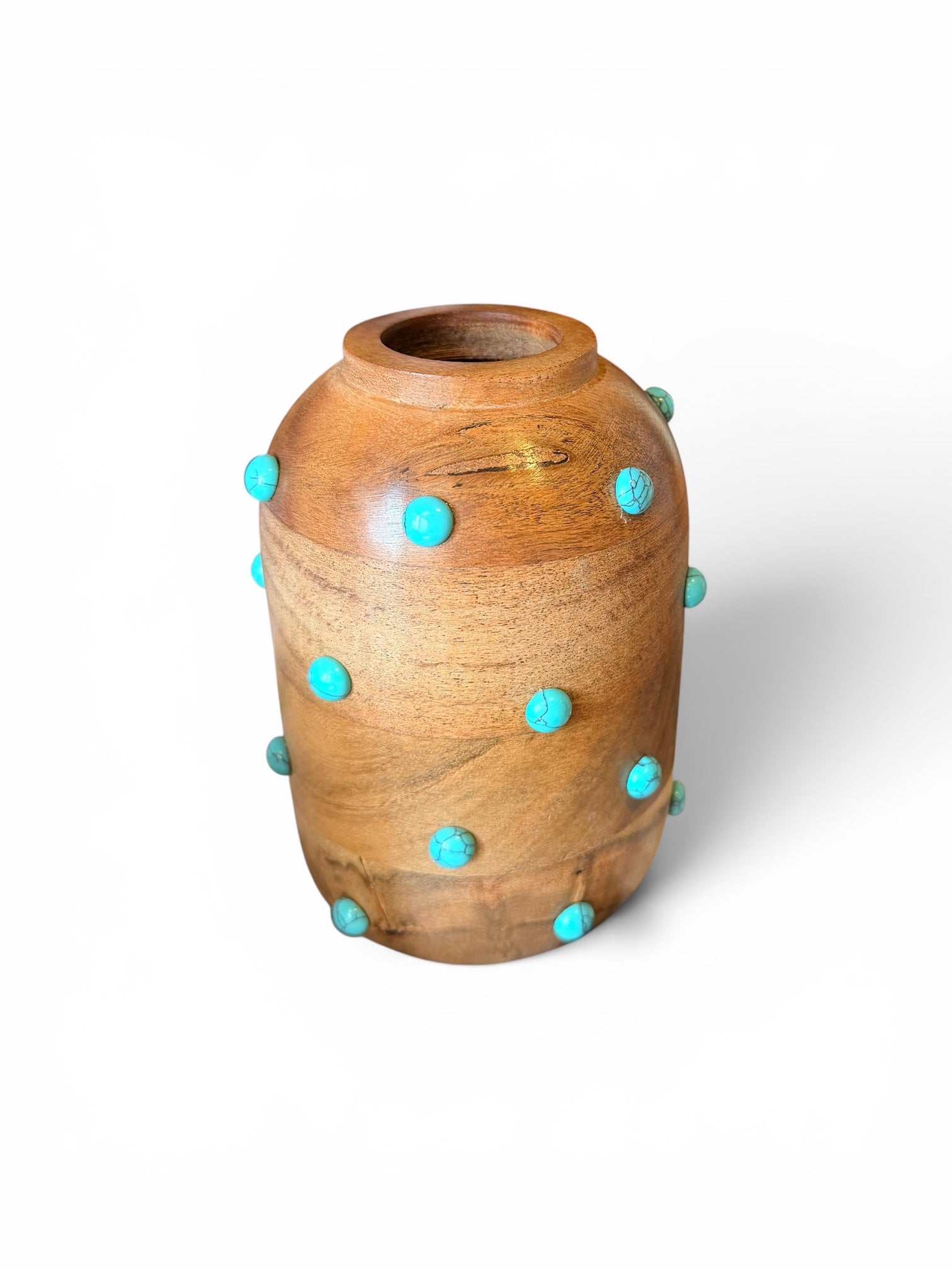 Turquoise SW vase by P. Grunsfeld from The Vault Creative, showing a ceramic vase with a smooth, glossy turquoise finish.