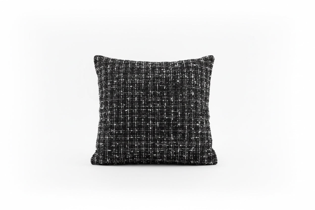 Black tweed sparkle pillow by The Vault Creative featuring a plush, textured fabric with subtle shimmer for stylish home decor.