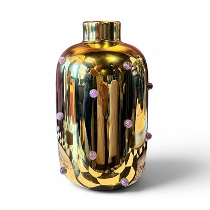 Gold amethyst vase by P. Grunsfeld featuring a sleek design and rich purple coloration, perfect for elegant floral arrangements.