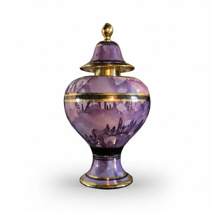 Purple watercolor vessel by The Vault Creative, ceramic decor with a vibrant purple and abstract watercolor design.
