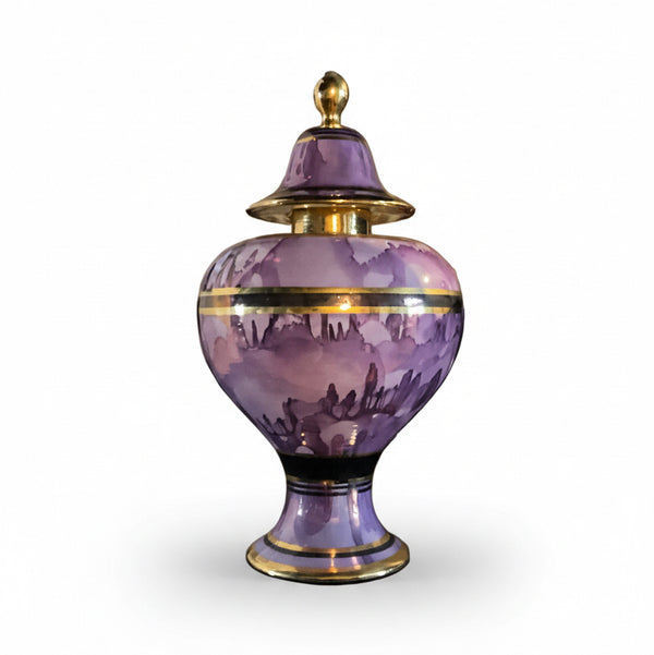 Purple watercolor vessel by The Vault Creative, ceramic decor with a vibrant purple and abstract watercolor design.