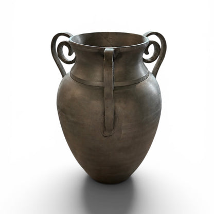 Cast metal urn vase by Ozmun Home, featuring a sleek, modern design with a smooth finish and decorative base.