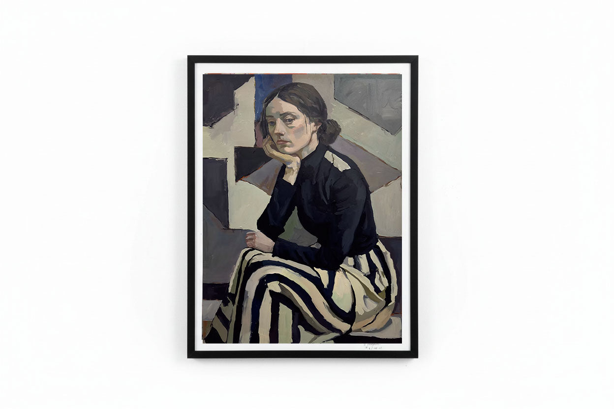 A signed Rebecca Aldernet print titled "A Quiet Reflection" displayed on a wall, showcasing detailed artwork with soft tones.
