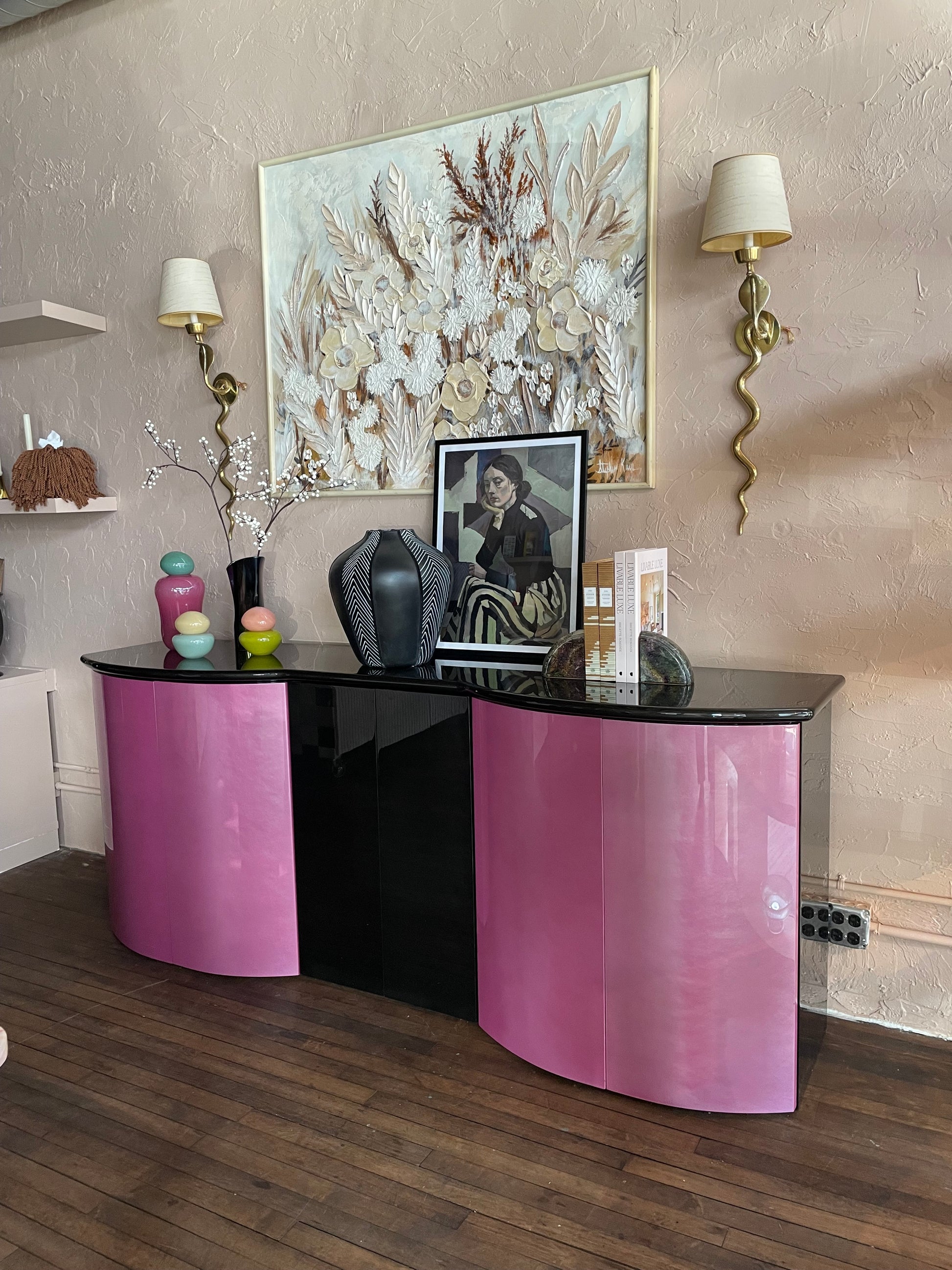 Lacquered Mod Credenza by The Vault Creative, modern casepiece with sleek finish and minimalist design, wooden accents visible.