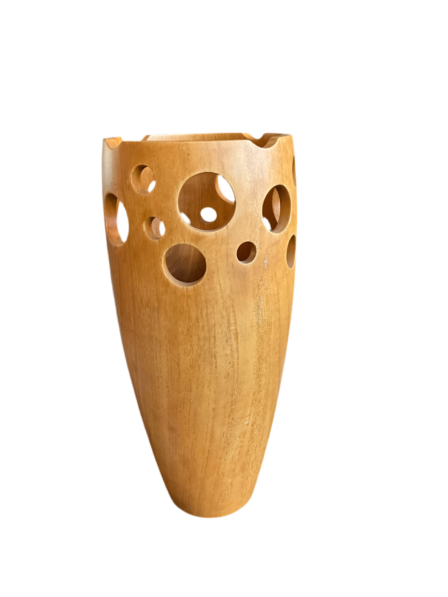 Carved wood circles vessel vase by The Vault Creative with a smooth, rounded shape and intricate circular patterns.