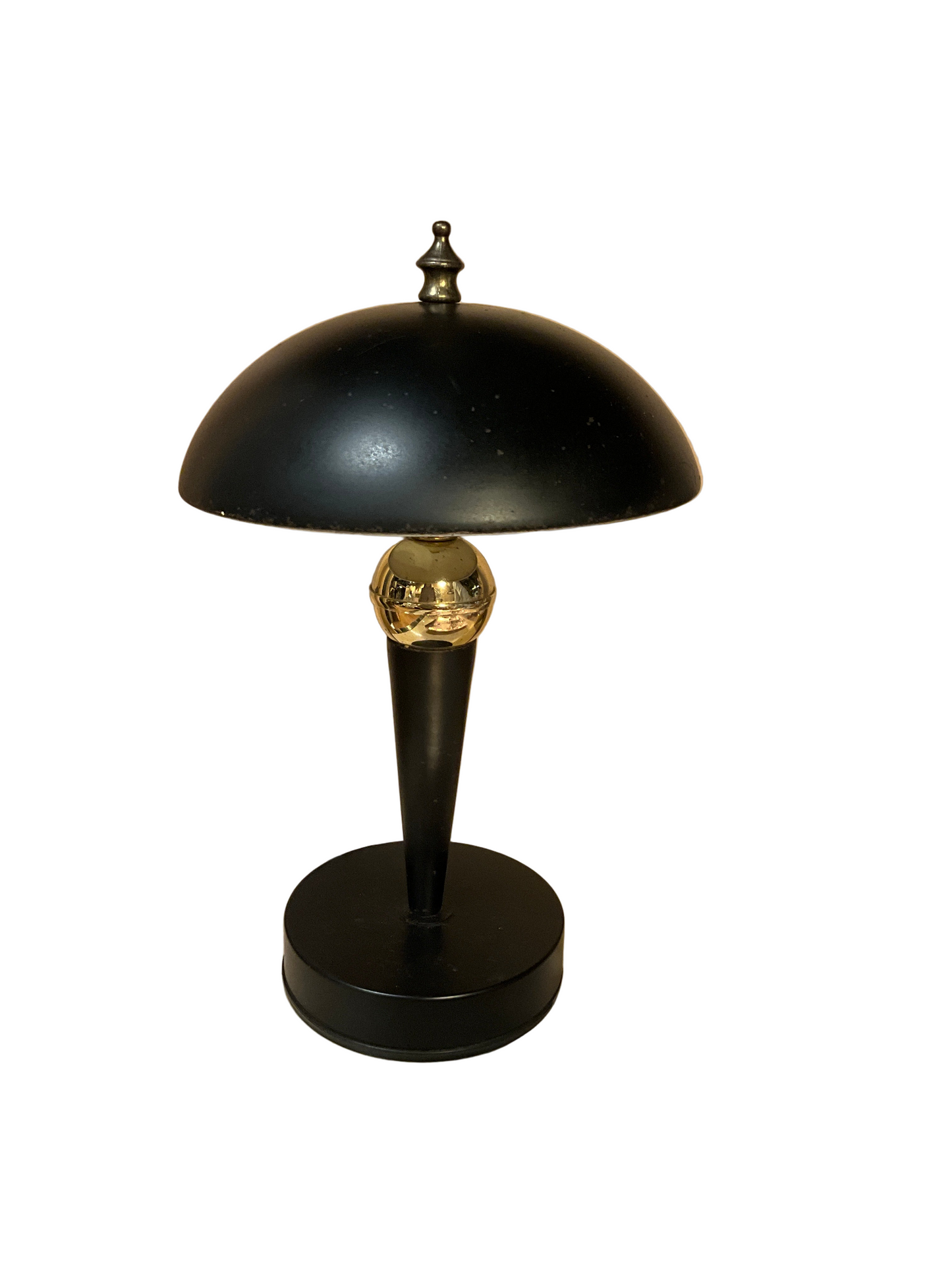 Small black metal table lamp by The Vault Creative with a sleek, modern design and a cylindrical lampshade.