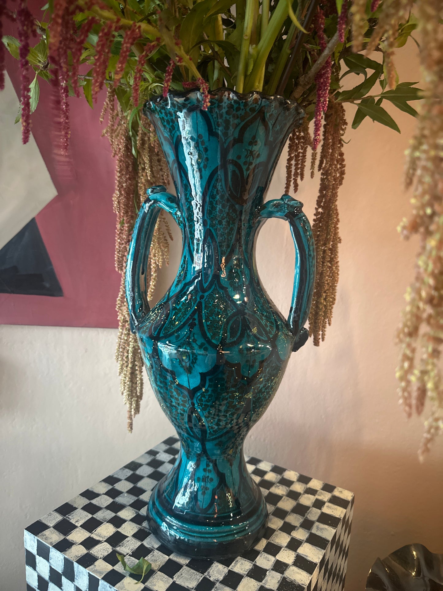 Vintage Moroccan teal vase with intricate patterns, crafted by The Vault Creative, showcasing traditional ceramic design.