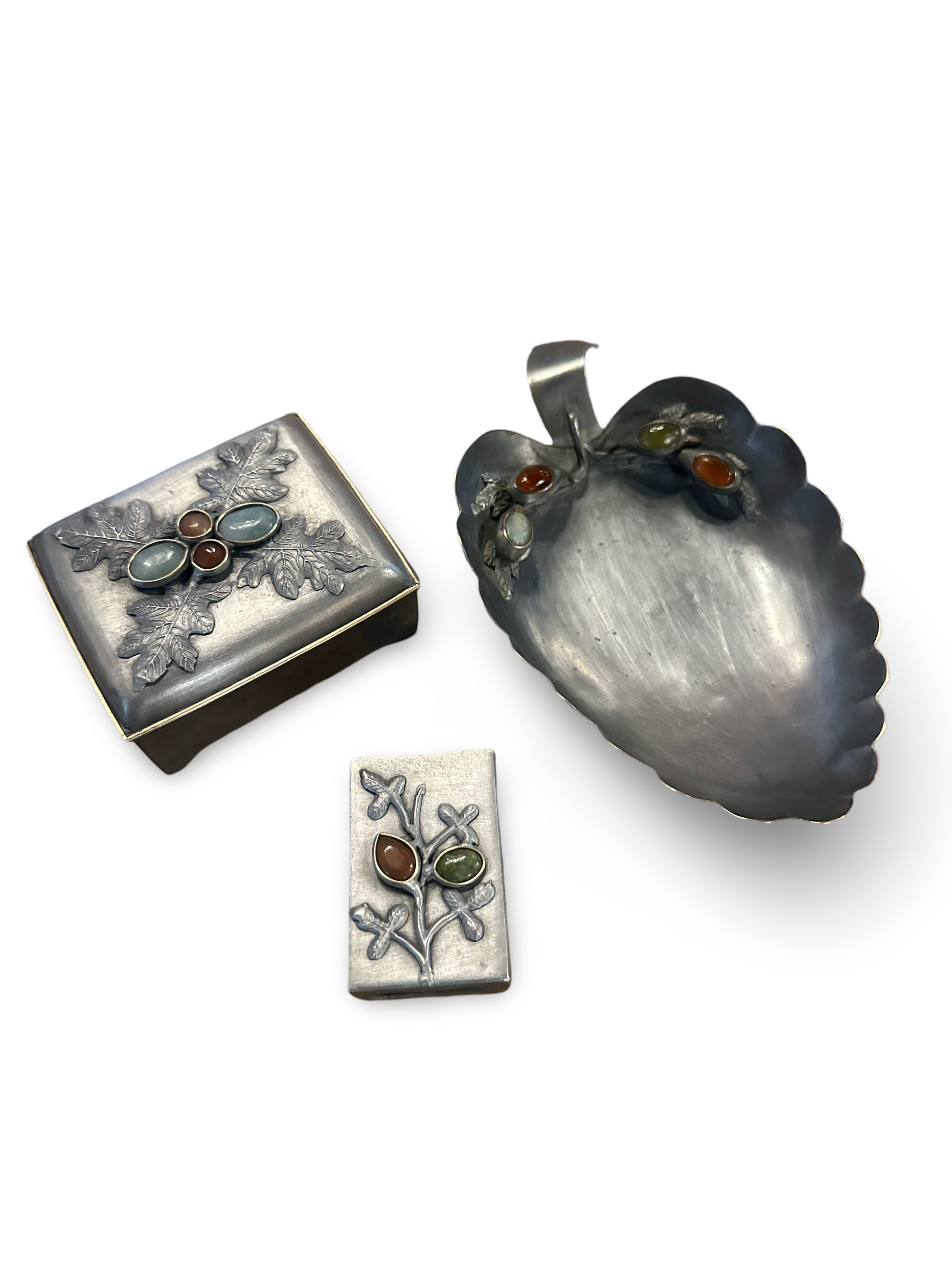 Chinese pewter, jade, and carnelian ashtray from Ozmun Home featuring intricate designs and a polished surface.