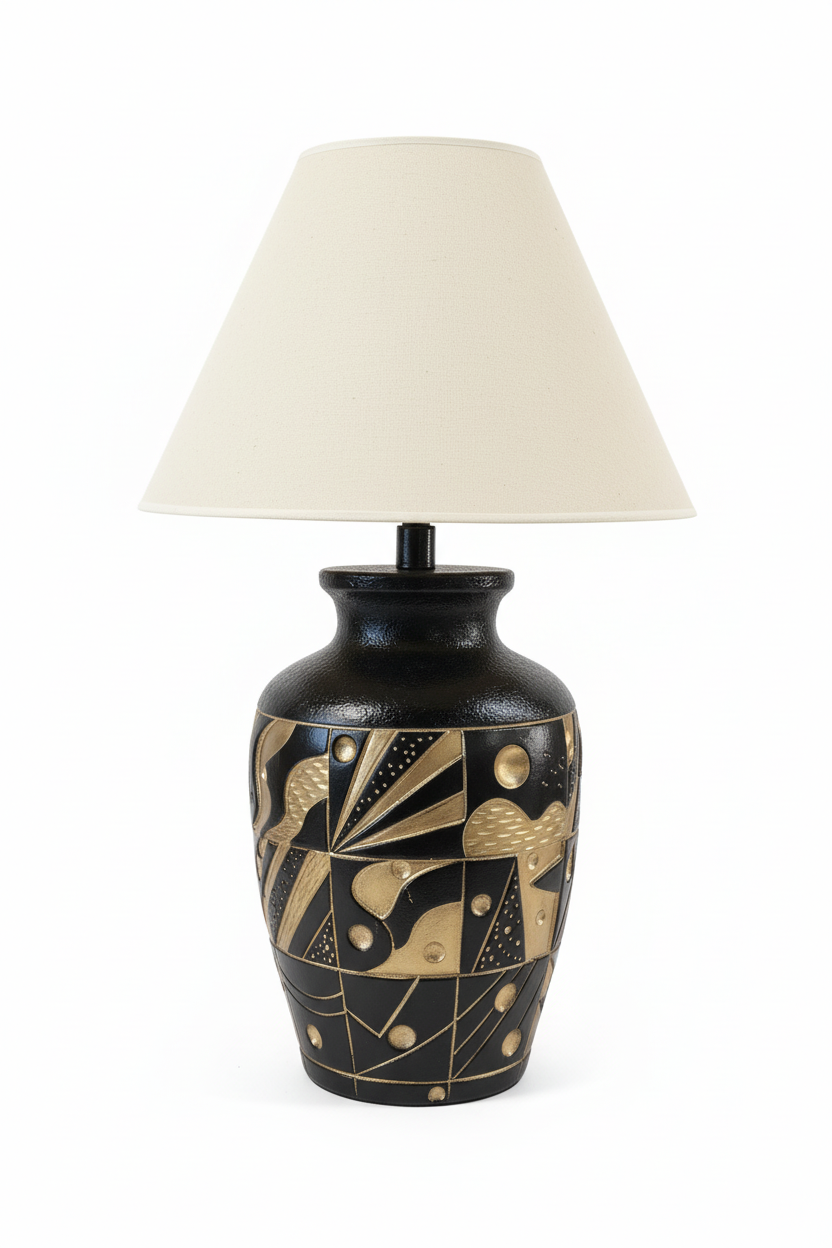 Vintage ceramic mod lamp by The Vault Creative with a sleek, retro design and textured ceramic base in earthy tones.