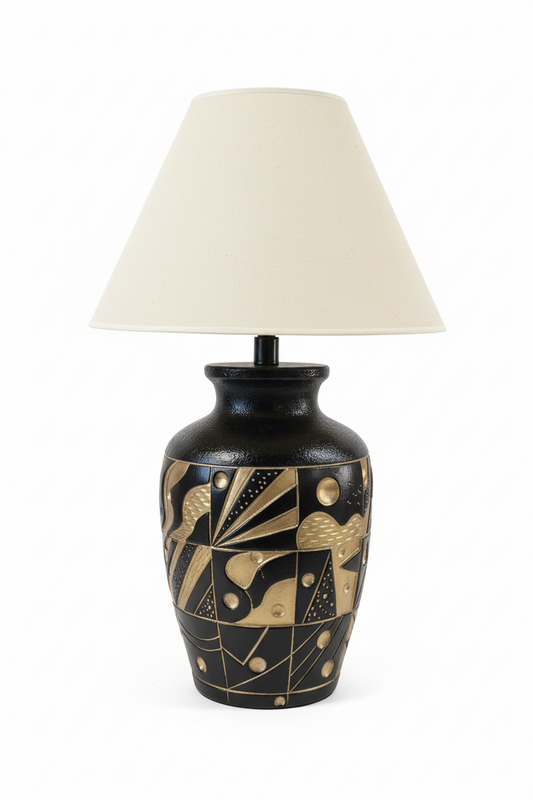 Vintage ceramic mod lamp by The Vault Creative with a sleek, retro design and textured ceramic base in earthy tones.