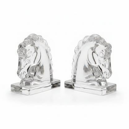 Elegant glass horse bookends by The Vault Creative, featuring clear, detailed horse figures perfect for book display and decor.