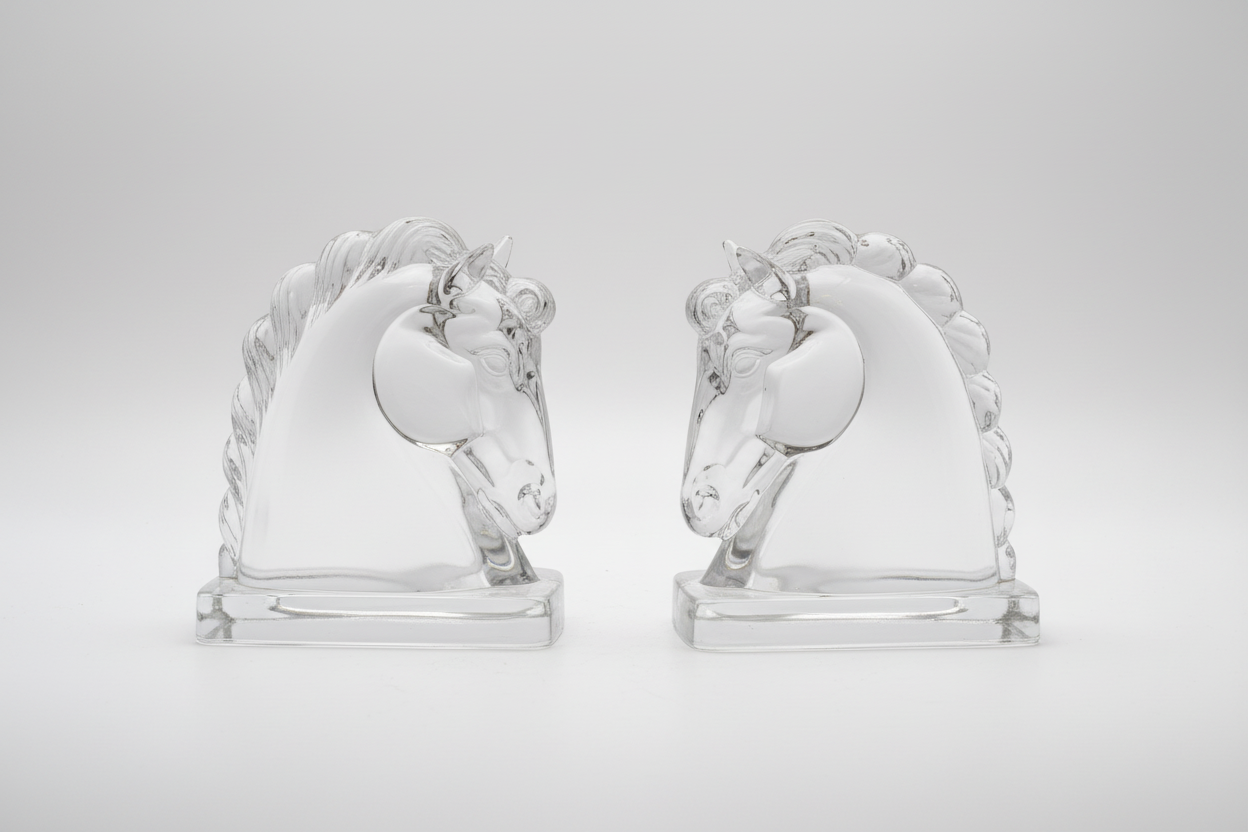 Pair of glass horse bookends by The Vault Creative, featuring sleek, transparent horse-shaped decorative book supports.